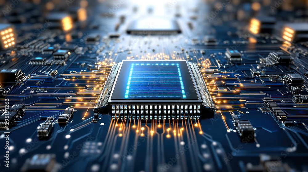 Poster futuristic quantum ai processor glowing with energy on circuit board