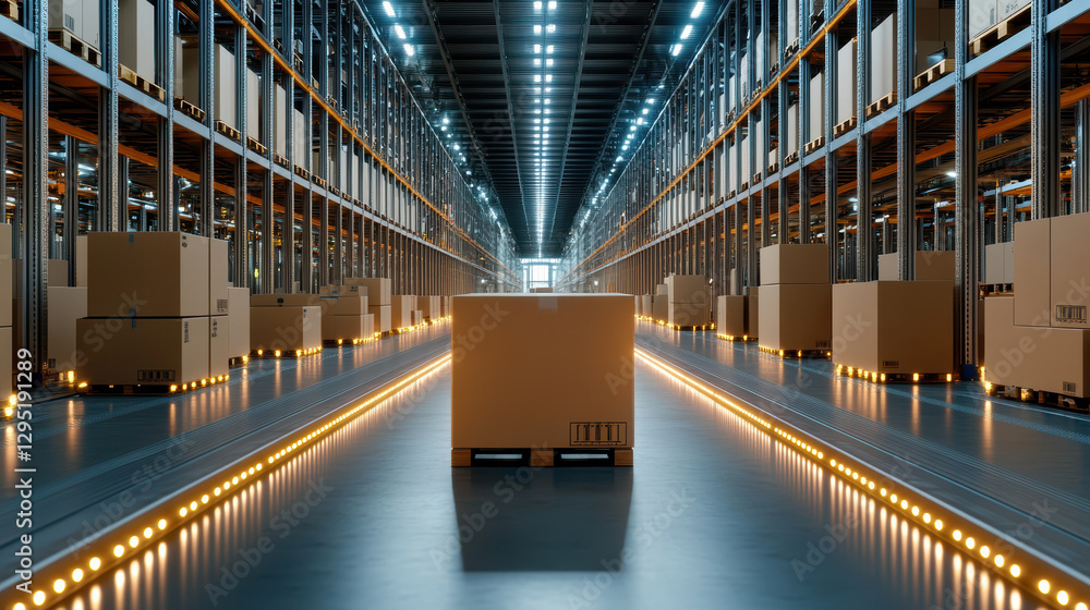Poster efficient cargo handling in modern warehouse with illuminated pathways