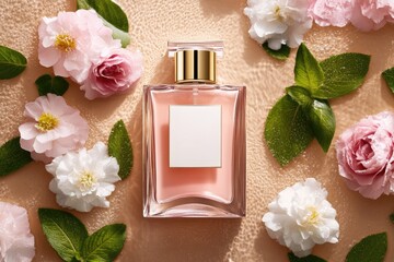 A perfume bottle surrounded by floral elements in a delicate arrangement