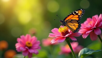 Fototapeta premium Beautiful monarch butterfly gliding gracefully over blooming garden, monarch butterfly, bloom