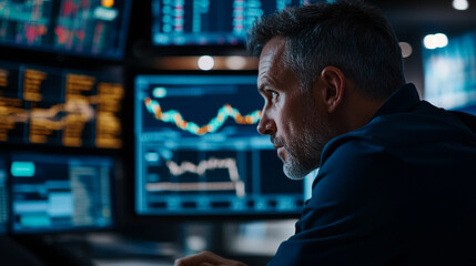 Focused trader analyzes stock market trends in a high-tech trading room during evening hours