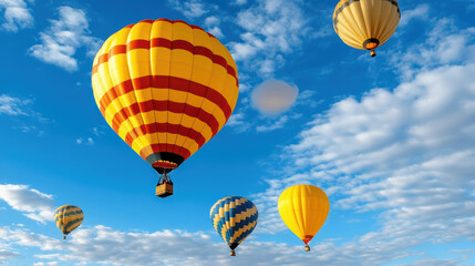 Obraz premium Colorful hot air balloons soaring in bright blue sky with clouds