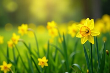 Fototapeta premium Beautiful spring scene with yellow daffodils in a meadow, bright, springtime