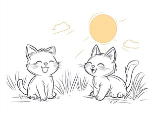 Fototapeta premium Happy kittens playing in sunny field, idyllic scene, children's book illustration