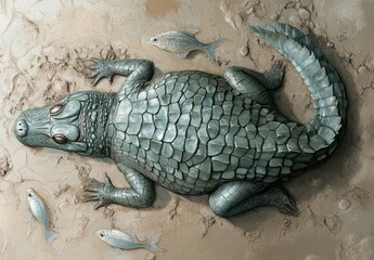 Fototapeta premium Realistic Illustration of a Large Prehistoric Crocodilian with Surrounding Small Fish on a Sandy Ocean Floor