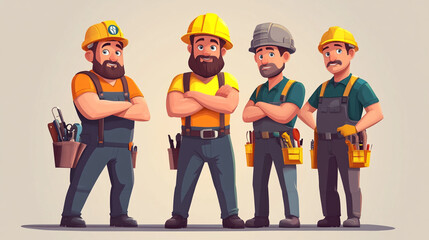 Team of skilled craftsmen showcases their tools and teamwork in a friendly workshop setting