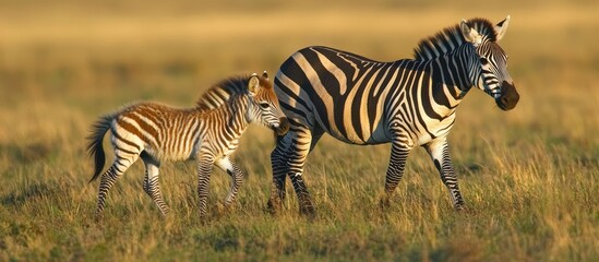Zebra mare and foal in golden savanna grassland.