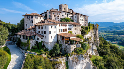 Obraz premium Ancient castle on hill with stunning views and medieval architecture