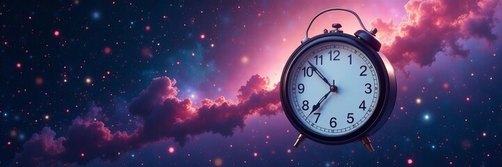 Clock floating in infinite space with galaxies in background, infinity, space