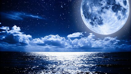 Romantic Moon With Clouds And Starry Sky Over Sparkling Blue Water. Night sky and the moon over the sea. Beautiful Moon In Starry Night Over Clouds. Super moon and clouds in the night on sea 