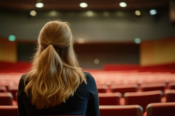 A woman viewed from behind in a grand auditorium setting