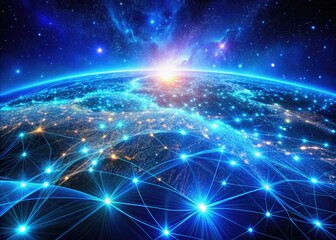 Obraz premium Aerial Photography: Glowing Blue Wave Network - Generative AI Art, Abstract Dots, Digital Light, Cosmic Energy