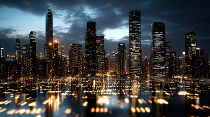 Naklejka premium stunning city skyline at night with illuminated buildings reflecting on water