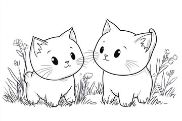 Fototapeta premium Two kittens meet in a field of flowers, coloring page