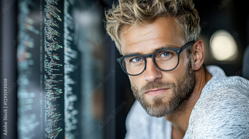 Aufkleber focused man with glasses working on computer in modern setting