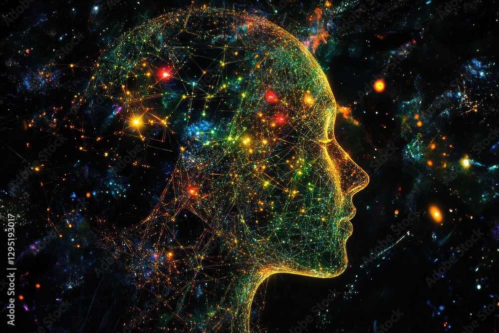 Aufkleber human head silhouette filled with interconnected glowing ai nodes against a cosmic cyberpunk backdro