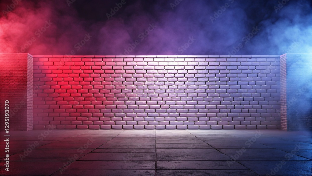 Poster rays of neon light on a neon brick wall. empty scene. neon reflections on wet asphalt. cyberpunk bac