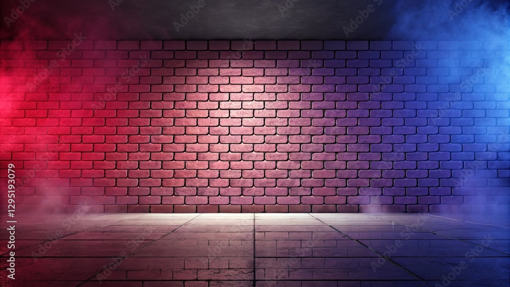 Poster rays of neon light on a neon brick wall. empty scene. neon reflections on wet asphalt. cyberpunk bac