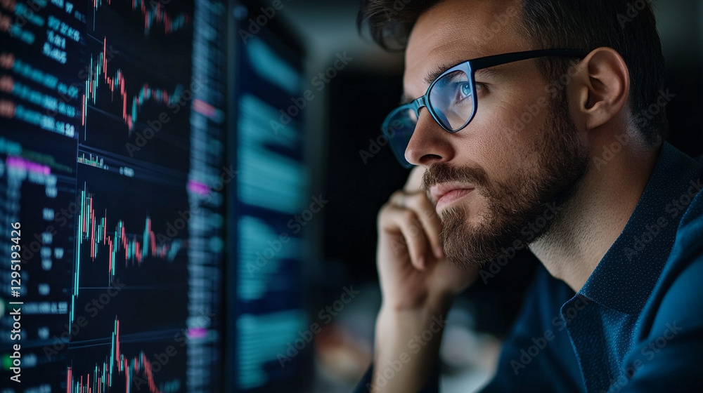 Poster focused analysis of stock market trends by a diligent trader immersed in data at a late hour