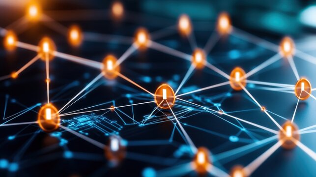 Network of orange and blue lights illustrating the concept of software defined networking technology