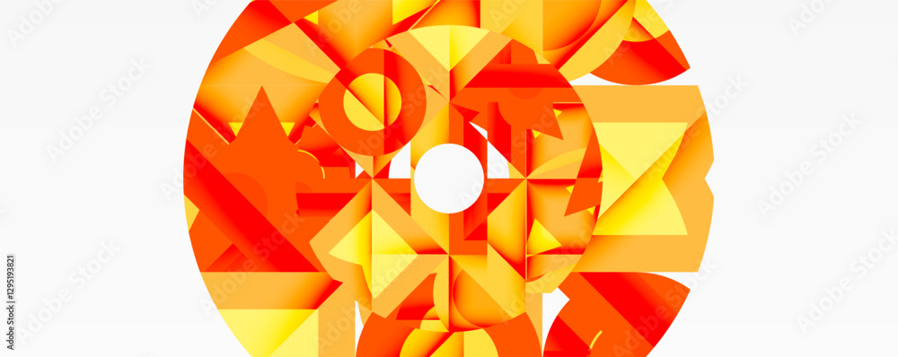 Poster abstract geometric composition with interlocking circular and angular shapes, featuring smooth gradi