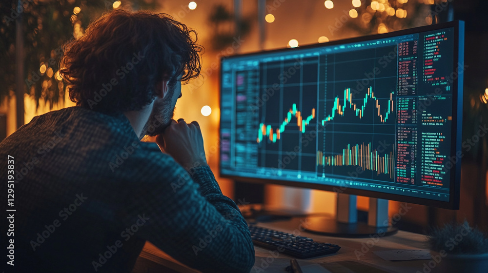 Poster insightful trader analyzing market trends in a cozy evening atmosphere with ambient lighting