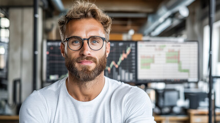 Fototapeta premium financial expert with glasses in modern office setting, exuding confidence and professionalism