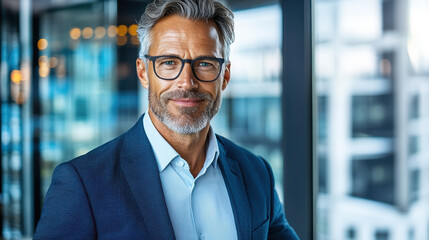 Fototapeta premium Professional man in glasses smiling confidently in modern office setting