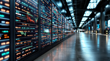 Fototapeta premium High tech financial trading floor with stock market data displays