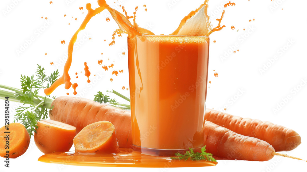 Poster fresh carrot juice splashing with carrots and slices on transparent background