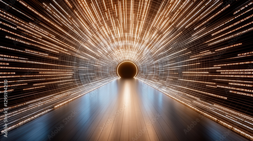 Poster futuristic tunnel with glowing data streams and dark center evokes sense of speed and technology