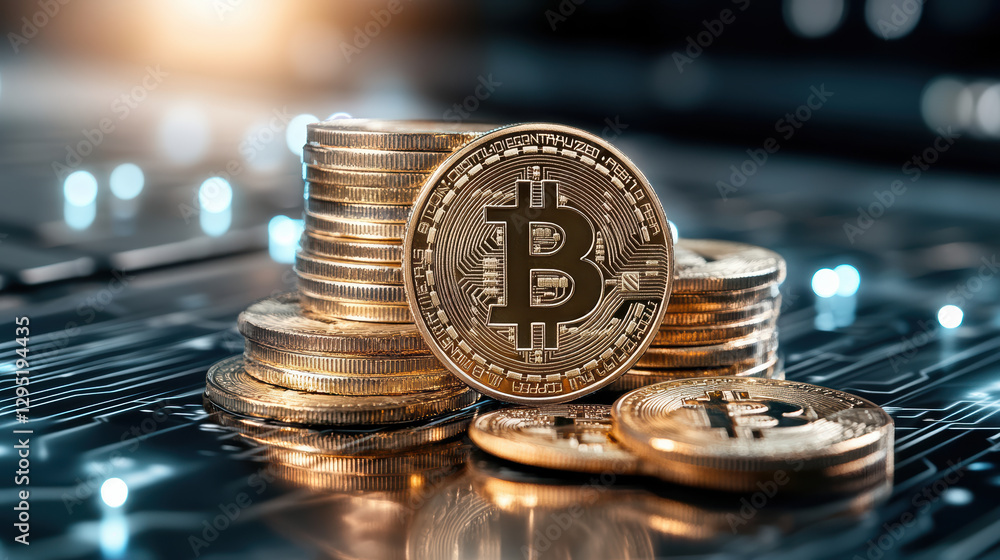 Poster digital currency concept with stacked coins symbolizing finance and technology