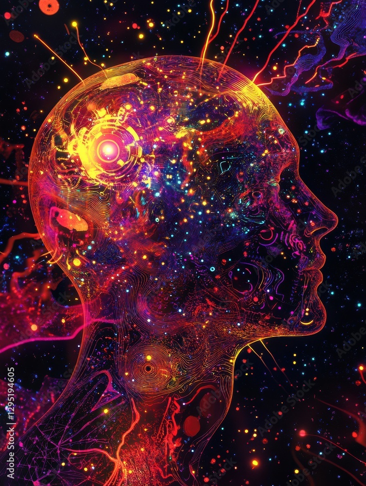 Poster Head silhouette filled with AI nodes and fractal patterns against a cosmic cyberpunk background. Generative AI