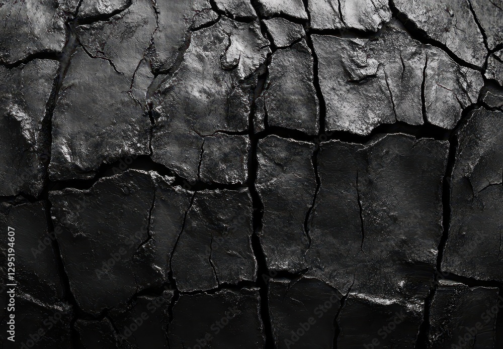 Poster textured black surface with cracks and crevices showing weathered and deteriorated appearance in nat