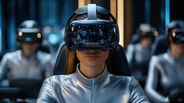 Futuristic VR gaming meetup with avatars in high tech environment