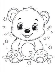 Obraz premium Cute bear cub coloring page, stars background, kids activity
