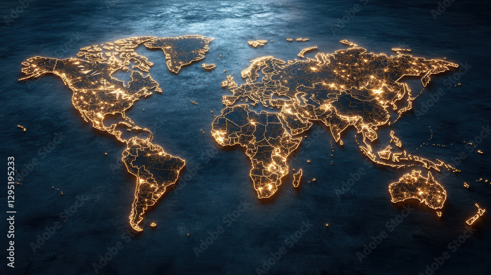 Poster illuminated world map showcasing global connections and networks