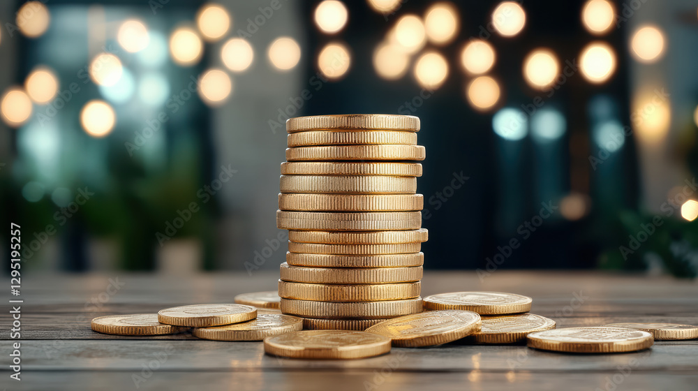 Poster stack of golden coins symbolizing wealth and prosperity in warm setting
