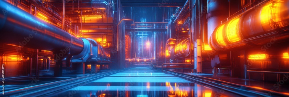 Aufkleber Futuristic gas power plant featuring glowing neon pipelines in a high tech environment at night. Generative AI