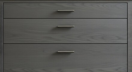 Gray Wood Dresser with Three Drawers and Silver Handles Closeup