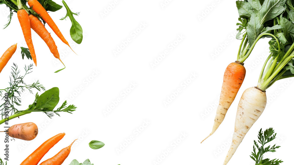 Poster fresh carrots and parsley creating a frame on transparent background