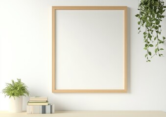 Empty frame, home decor, books, plants, modern interior
