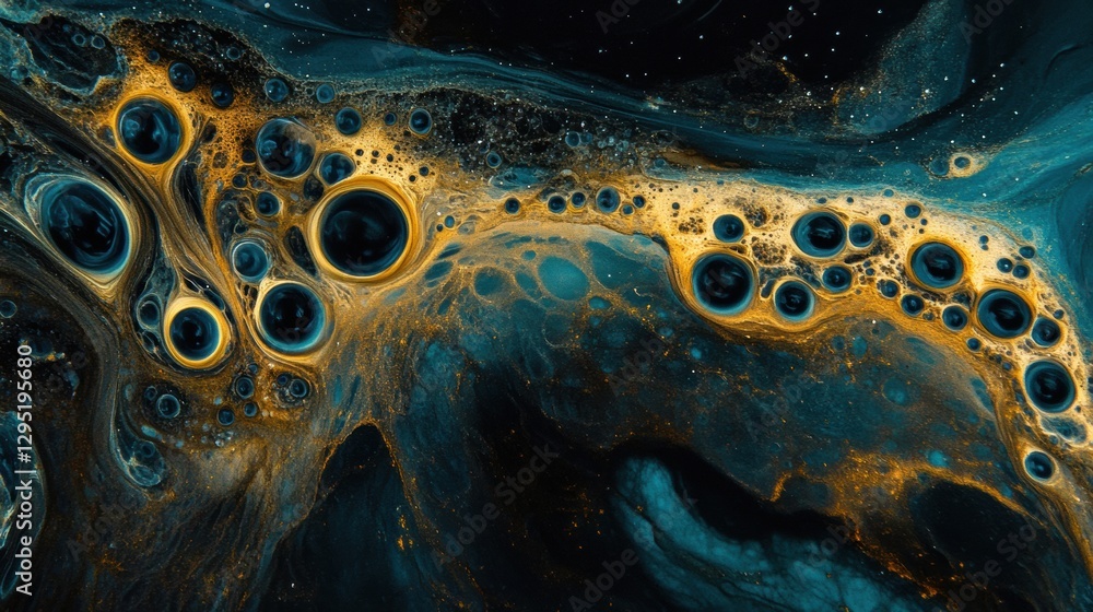 Aufkleber Glowing gas bubbles create mesmerizing patterns in vibrant underwater environment during twilight. Generative AI