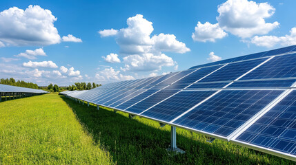 High tech solar farm with solar panels under bright blue sky