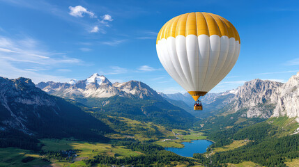 Fototapeta premium hot air balloon floating above stunning valley with mountains and lake