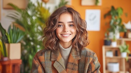 Smiling woman with a joyful expression looking directly at the camera in a well-lit indoor setting