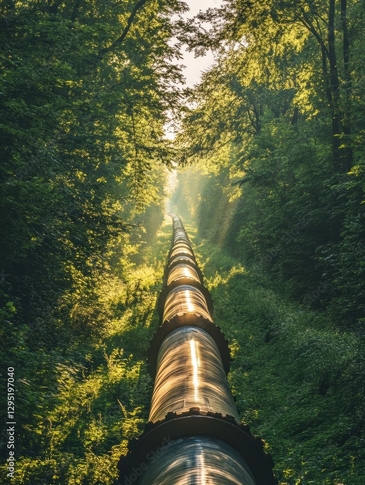 Poster Gas pipelines traverse a vibrant green forest under soft morning light in a serene natural setting. Generative AI