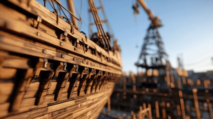 Detailed close-up of a historic wooden ship under construction