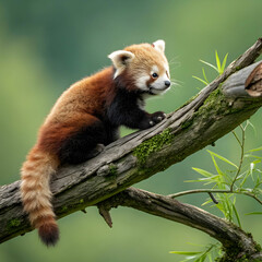 Naklejka premium red panda cub sitting on broken branch on green back
