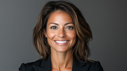 Fototapeta premium Confident woman smiling in professional setting, showcasing positivity and approachability